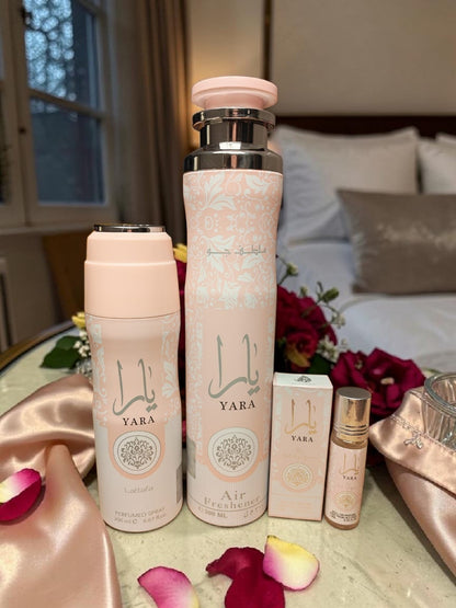 Lattafa Yara Pink Gift Set – Body Spray 200ml + Air Freshener 300ml + Roll On Perfume | Sweet Fruity Vanilla Scent | Long Lasting Luxury Bundle