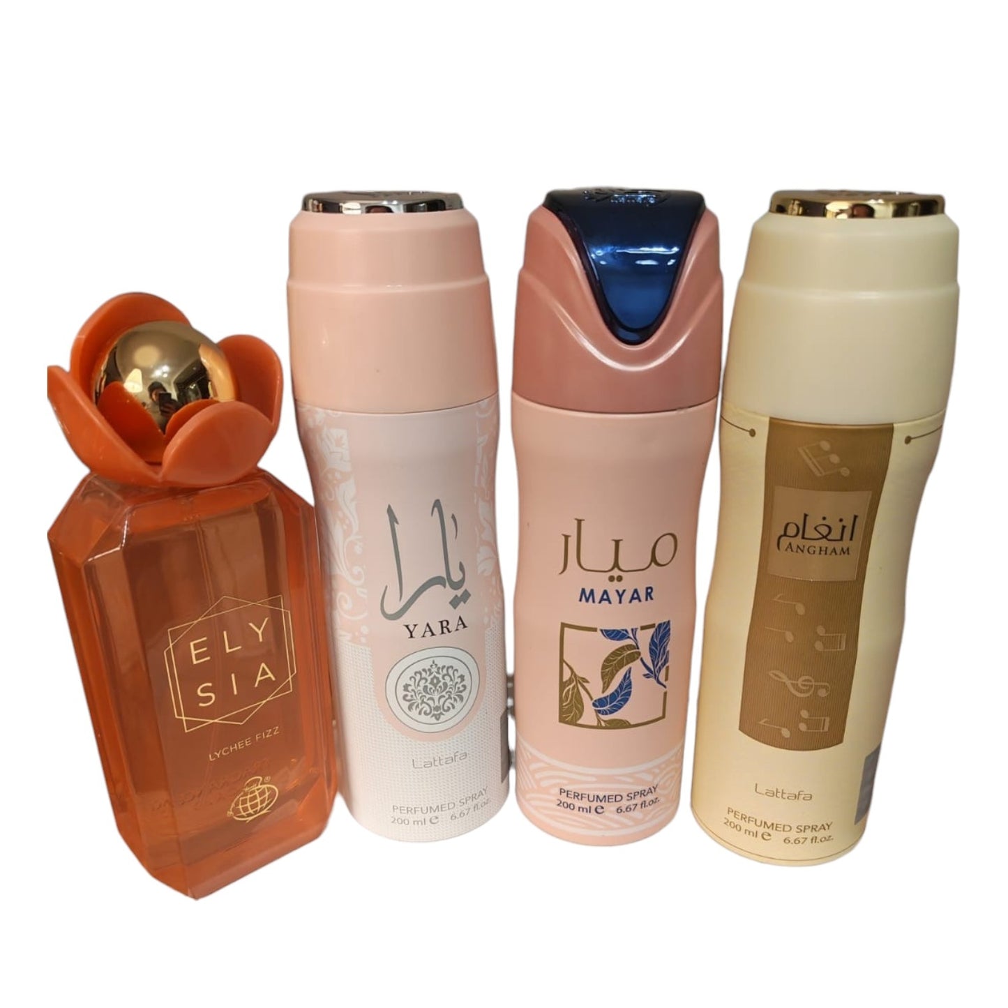 Elysia Lychee Fizz 100ml EDP + Lattafa Body Spray Set (Yara, Mayar, Angham)