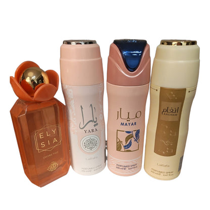 Elysia Lychee Fizz 100ml EDP + Lattafa Body Spray Set (Yara, Mayar, Angham)