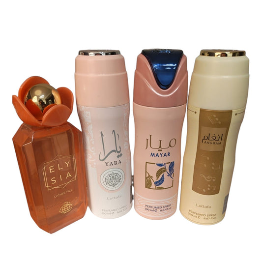 Elysia Lychee Fizz 100ml EDP + Lattafa Body Spray Set (Yara, Mayar, Angham)