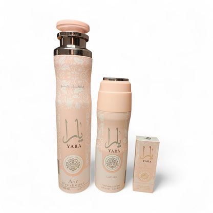 Lattafa Yara Pink Gift Set – Body Spray 200ml + Air Freshener 300ml + Roll On Perfume | Sweet Fruity Vanilla Scent | Long Lasting Luxury Bundle