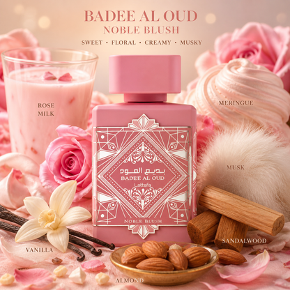 Lattafa Badee Al Oud Noble Blush Eau De Parfum 100ml – Sweet Creamy Rose Vanilla Almond Musk Fragrance