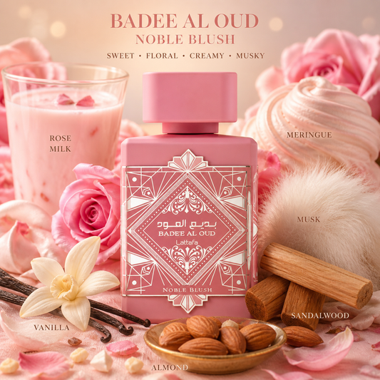 Lattafa Badee Al Oud Noble Blush Eau De Parfum 100ml – Sweet Creamy Rose Vanilla Almond Musk Fragrance