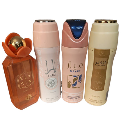 Elysia Lychee Fizz 100ml EDP + Lattafa Body Spray Set (Yara, Mayar, Angham)