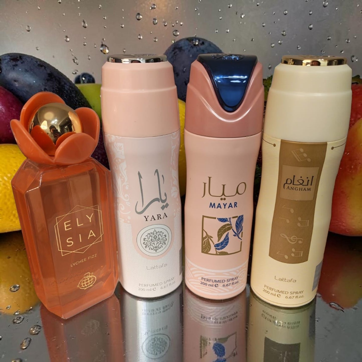Elysia Lychee Fizz 100ml EDP + Lattafa Body Spray Set (Yara, Mayar, Angham)