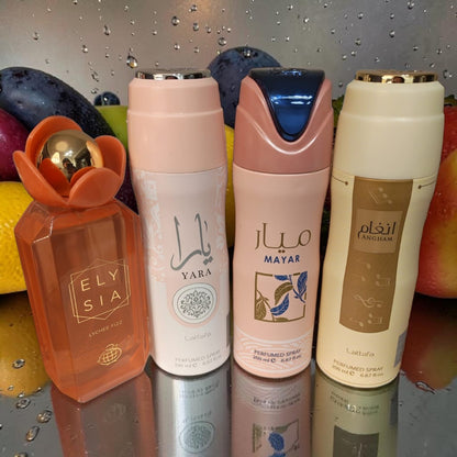 Elysia Lychee Fizz 100ml EDP + Lattafa Body Spray Set (Yara, Mayar, Angham)