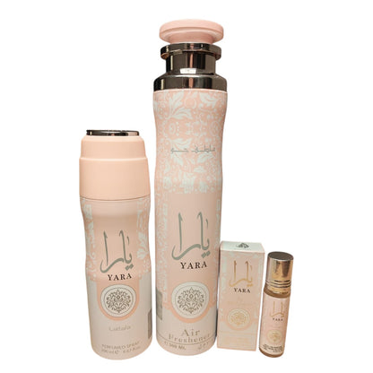 Lattafa Yara Pink Gift Set – Body Spray 200ml + Air Freshener 300ml + Roll On Perfume | Sweet Fruity Vanilla Scent | Long Lasting Luxury Bundle