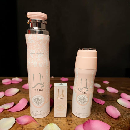 Lattafa Yara Pink Gift Set – Body Spray 200ml + Air Freshener 300ml + Roll On Perfume | Sweet Fruity Vanilla Scent | Long Lasting Luxury Bundle