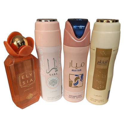 Elysia Lychee Fizz 100ml EDP + Lattafa Body Spray Set (Yara, Mayar, Angham)