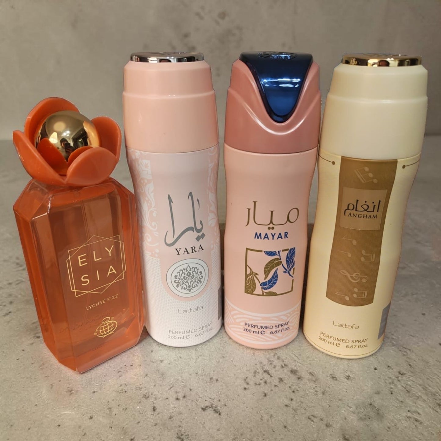 Elysia Lychee Fizz 100ml EDP + Lattafa Body Spray Set (Yara, Mayar, Angham)