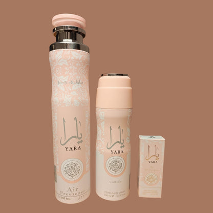 Lattafa Yara Pink Gift Set – Body Spray 200ml + Air Freshener 300ml + Roll On Perfume | Sweet Fruity Vanilla Scent | Long Lasting Luxury Bundle