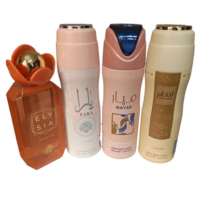 Elysia Lychee Fizz 100ml EDP + Lattafa Body Spray Set (Yara, Mayar, Angham)